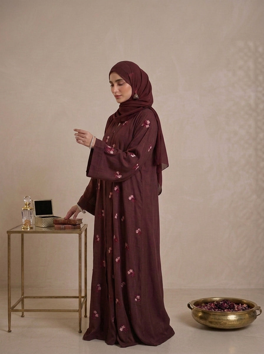 Burgundy Hand-Embroidered Floral Abaya